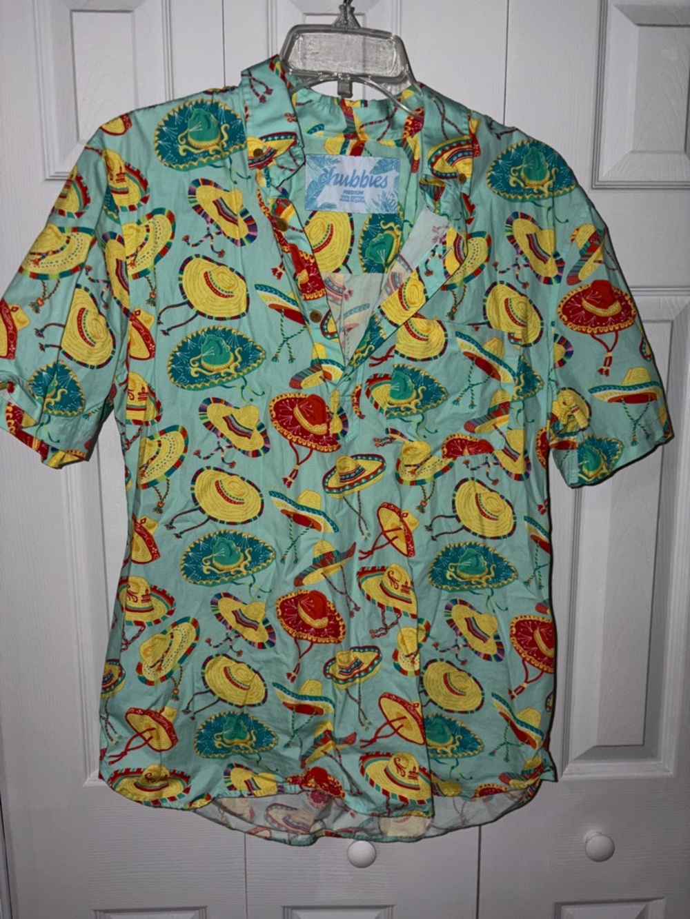 chubbies Aqua Short-Sleeve Button down Shirt with Yellow and Red Hat Print